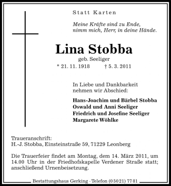 Traueranzeige von Lina Stobba von Die Harke