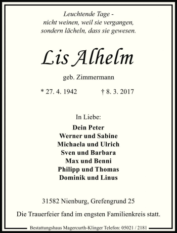Traueranzeige von Lis Alhelm von Die Harke