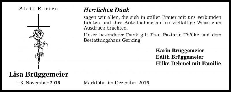  Traueranzeige für Lisa Brüggemeier vom 24.12.2016 aus Die Harke