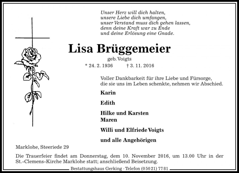  Traueranzeige für Lisa Brüggemeier vom 08.11.2016 aus Die Harke