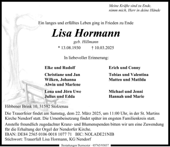 Traueranzeige von Lisa Hormann von Die Harke