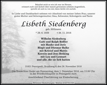 Traueranzeige von Lisbeth Siedenberg von Die Harke