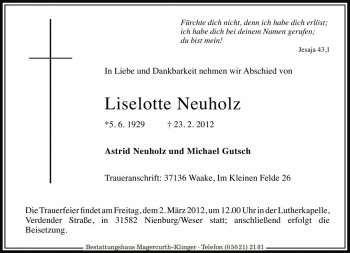 Traueranzeige von Liselotte Neuholz von Die Harke