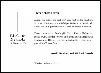 Traueranzeige von Liselotte Neuholz von Die Harke