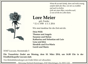 Traueranzeige von Lore Meier von Die Harke