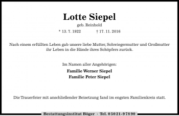 Traueranzeige von Lotte Siepel von Die Harke