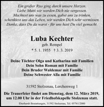 Traueranzeige von Luba Kechter von Die Harke