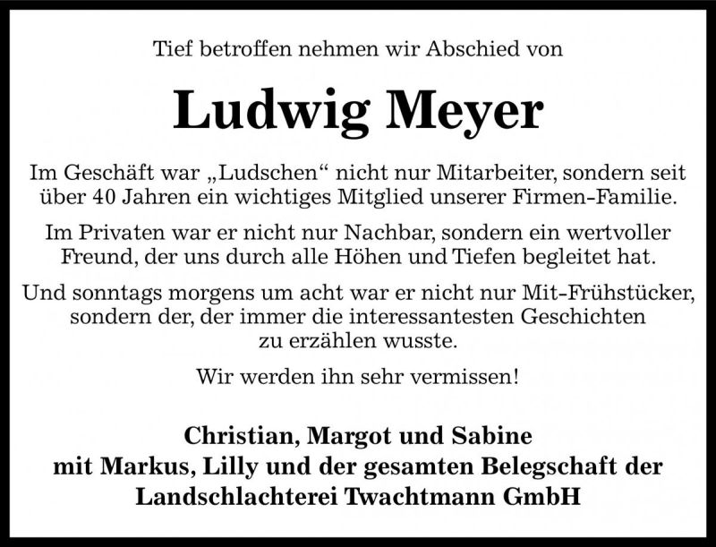  Traueranzeige für Ludwig Meyer vom 28.10.2016 aus Die Harke