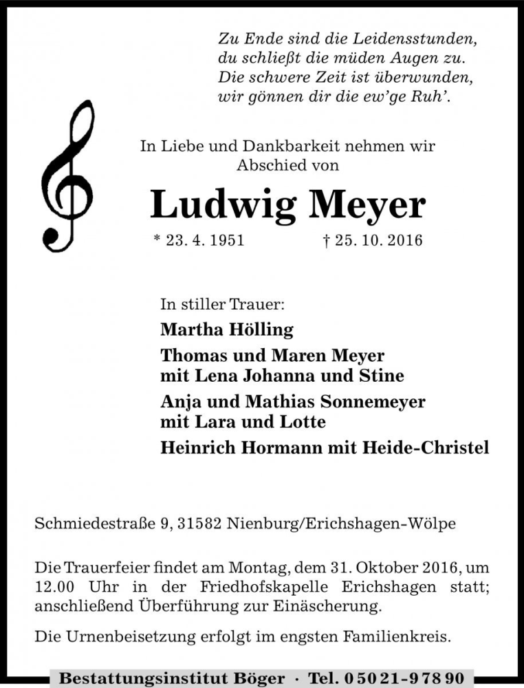  Traueranzeige für Ludwig Meyer vom 28.10.2016 aus Die Harke