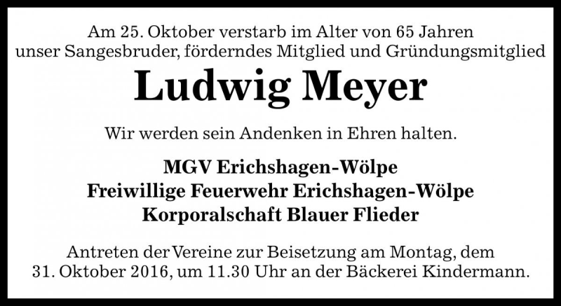  Traueranzeige für Ludwig Meyer vom 29.10.2016 aus Die Harke