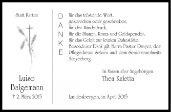 Traueranzeige von Luise Balgemann von Die Harke