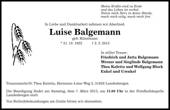 Traueranzeige von Luise Balgemann von Die Harke
