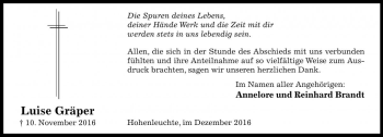 Traueranzeige von Luise Gräper von Die Harke