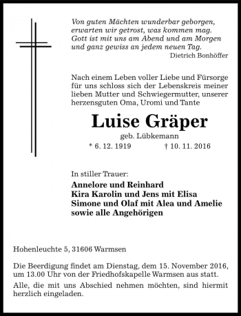 Traueranzeige von Luise Gräper von Die Harke