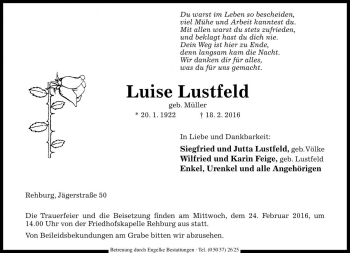 Traueranzeige von Luise Lustfeld von Die Harke