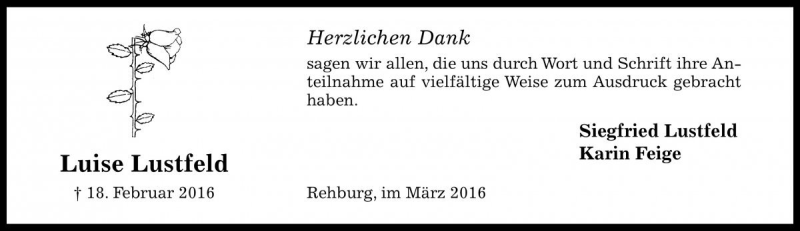 Traueranzeige für Luise Lustfeld vom 12.03.2016 aus Die Harke