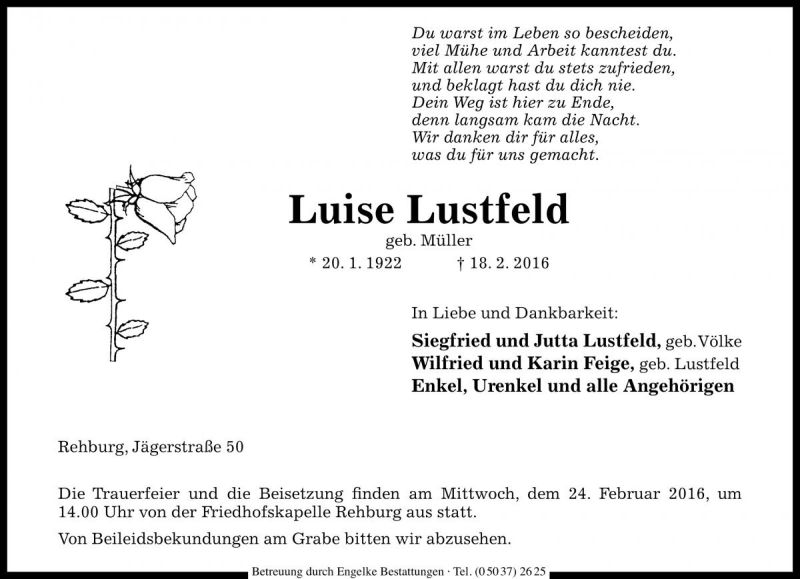  Traueranzeige für Luise Lustfeld vom 20.02.2016 aus Die Harke