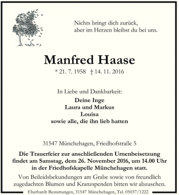 Traueranzeige von Manfred Haase von Die Harke