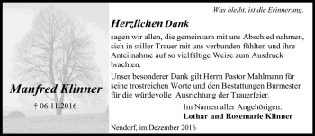 Traueranzeige von Manfred Klinner von Die Harke