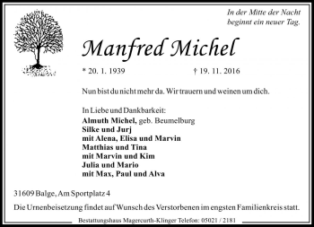 Traueranzeige von Manfred Michel von Die Harke