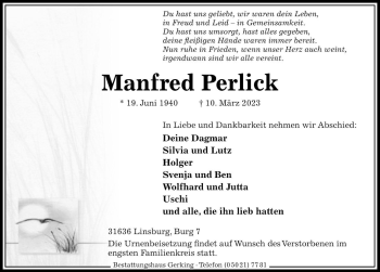 Traueranzeige von Manfred Perlick von Die Harke