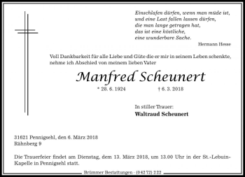 Traueranzeige von Manfred Scheunert von Die Harke
