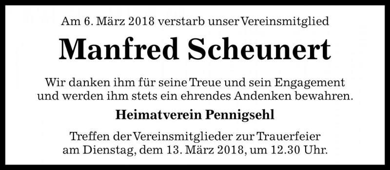  Traueranzeige für Manfred Scheunert vom 13.03.2018 aus Die Harke