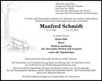 Traueranzeige von Manfred Schmidt von Die Harke