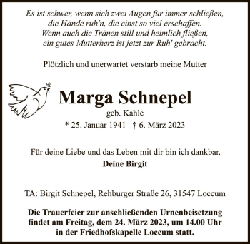 Traueranzeige von Marga Schnepel von Die Harke
