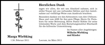 Traueranzeige von Marga Wiebking von Die Harke