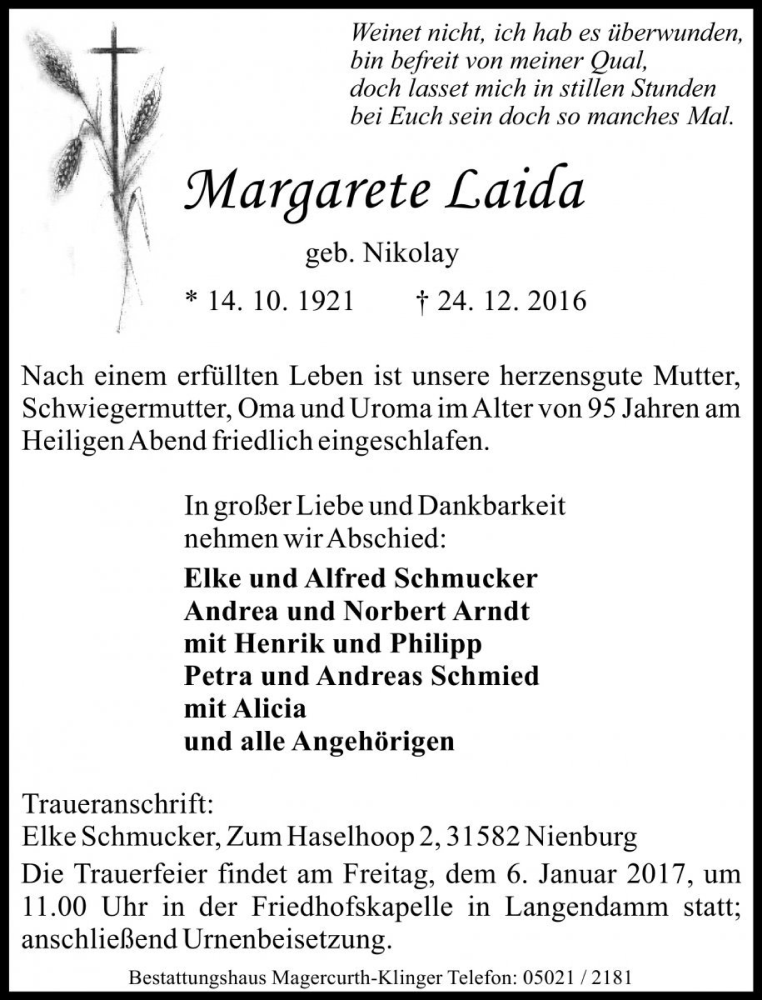  Traueranzeige für Margarete Laida vom 31.12.2016 aus Die Harke