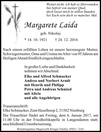 Traueranzeige von Margarete Laida von Die Harke