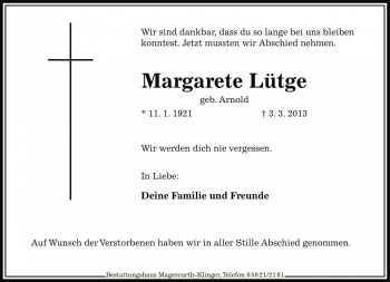 Traueranzeige von Margarete Lütge von Die Harke