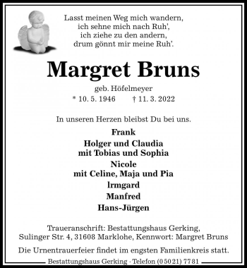 Traueranzeige von Margret Bruns von Die Harke