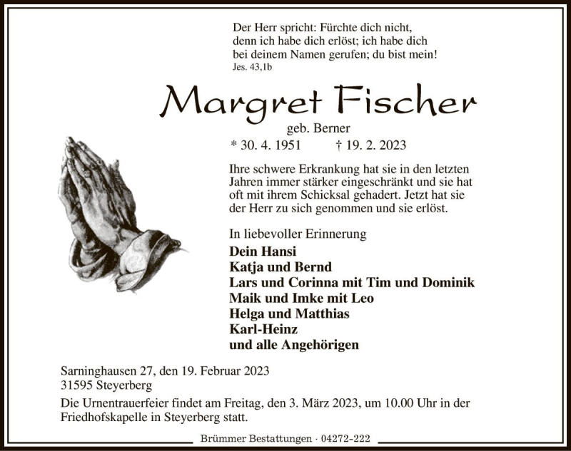  Traueranzeige für Margret Fischer vom 25.02.2023 aus Die Harke