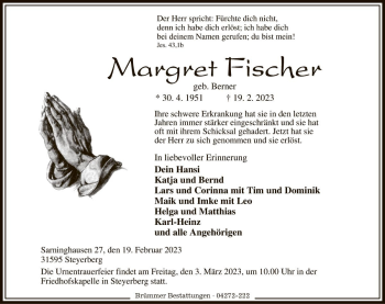 Traueranzeige von Margret Fischer von Die Harke