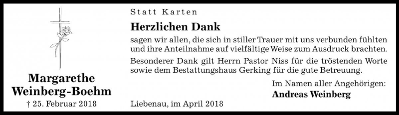  Traueranzeige für Margret Weinberg-Boehm vom 07.04.2018 aus Die Harke