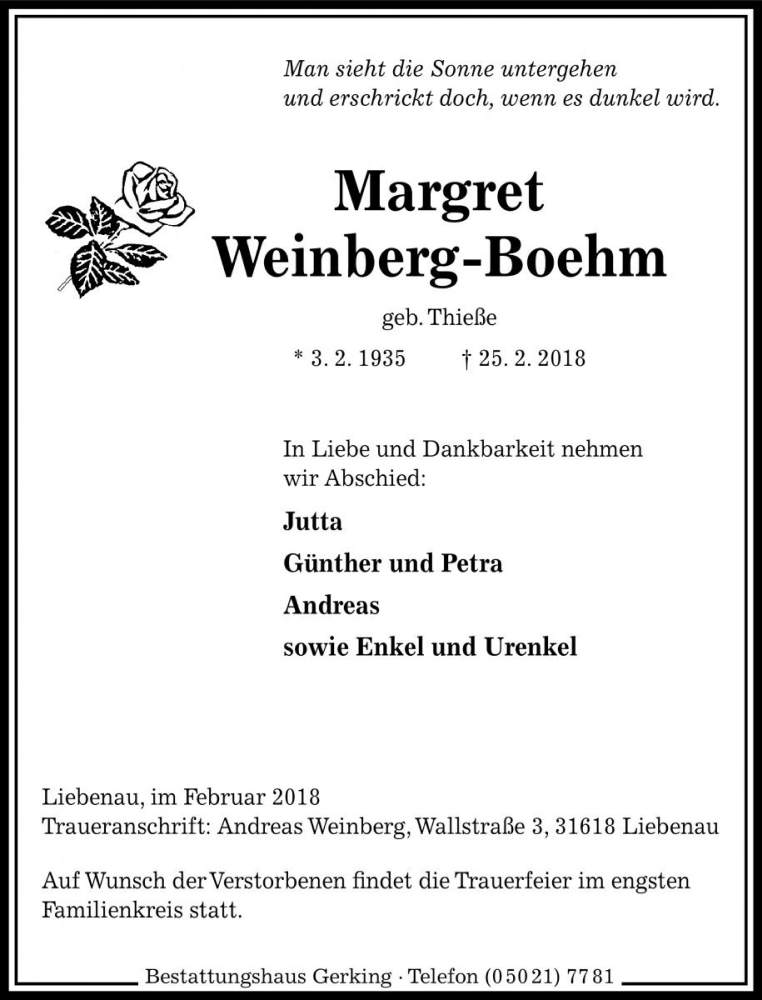  Traueranzeige für Margret Weinberg-Boehm vom 27.02.2018 aus Die Harke