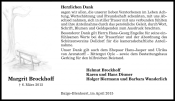 Traueranzeige von Margrit Brockhoff von Die Harke