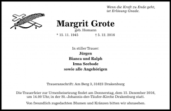 Traueranzeige von Margrit Grote von Die Harke
