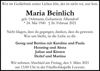 Traueranzeige von Maria Beinlich von Die Harke
