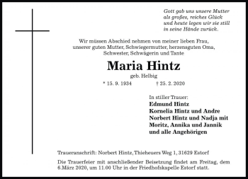 Traueranzeige von Maria Hintz von Die Harke