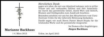 Traueranzeige von Marianne Backhaus von Die Harke