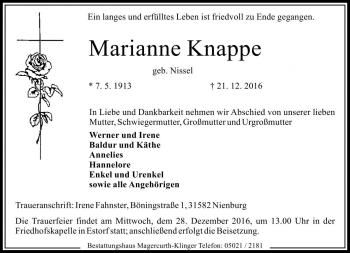 Traueranzeige von Marianne Knappe von Die Harke