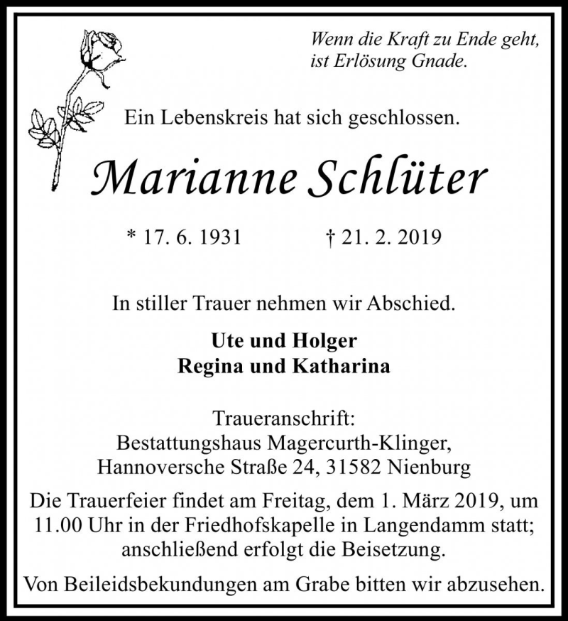  Traueranzeige für Marianne Schlüter vom 25.02.2019 aus Die Harke