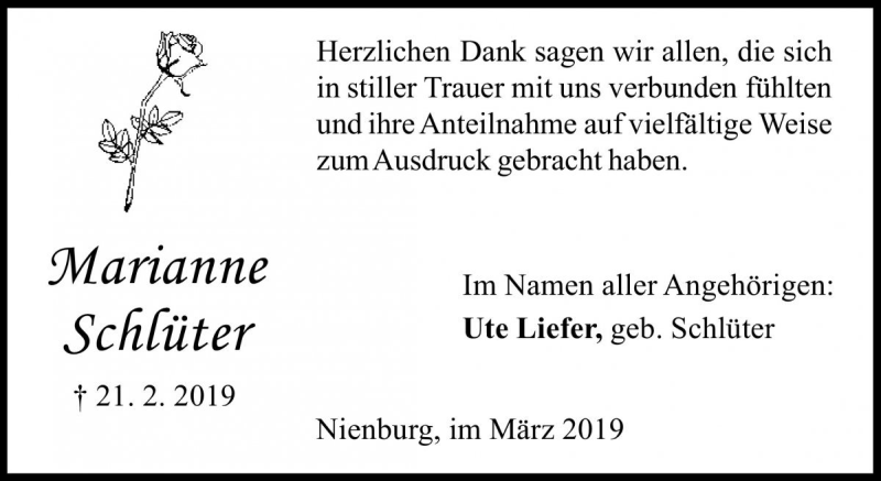 Traueranzeige für Marianne Schlüter vom 23.03.2019 aus Die Harke
