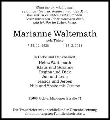Traueranzeige von Marianne Waltemath von Die Harke