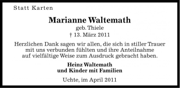 Traueranzeige von Marianne Waltemath von Die Harke