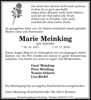 Traueranzeige von Marie Meinking von Die Harke
