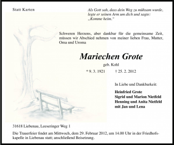 Traueranzeige von Mariechen Grote von Die Harke